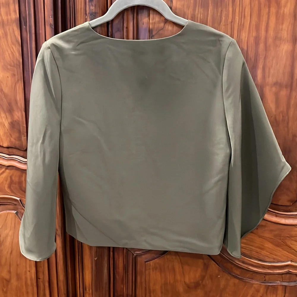 Anthropologie Olive Green V-Neck Flutter Sleeve Blouse
